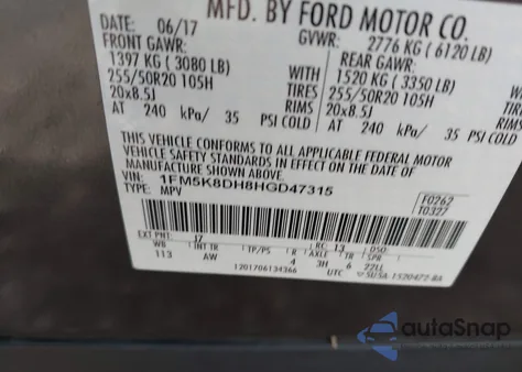 2017 Ford Explorer Xlt z USA, uszkodzony, nr VIN 1FM5K8DH8HGD47315